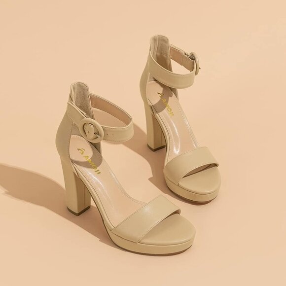 Amoji Women Pu-nude Faux Suede Open Toe High Heel Chunky Platform Sandals - Picture 5 of 8